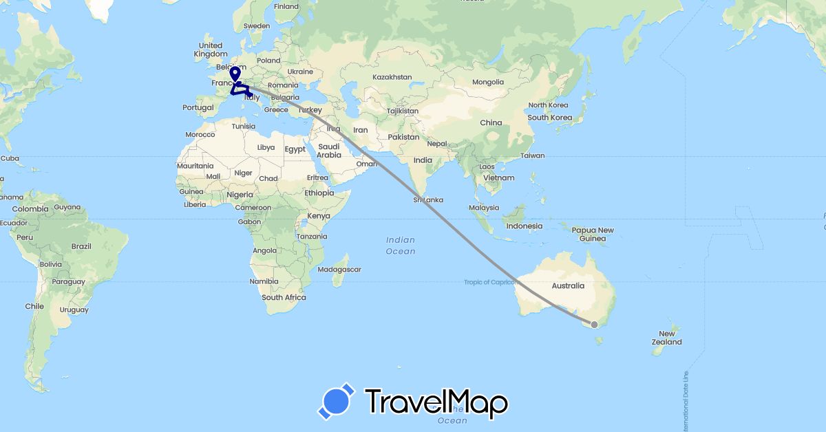 TravelMap itinerary: driving, plane in United Arab Emirates, Australia, Switzerland, France, Italy (Asia, Europe, Oceania)